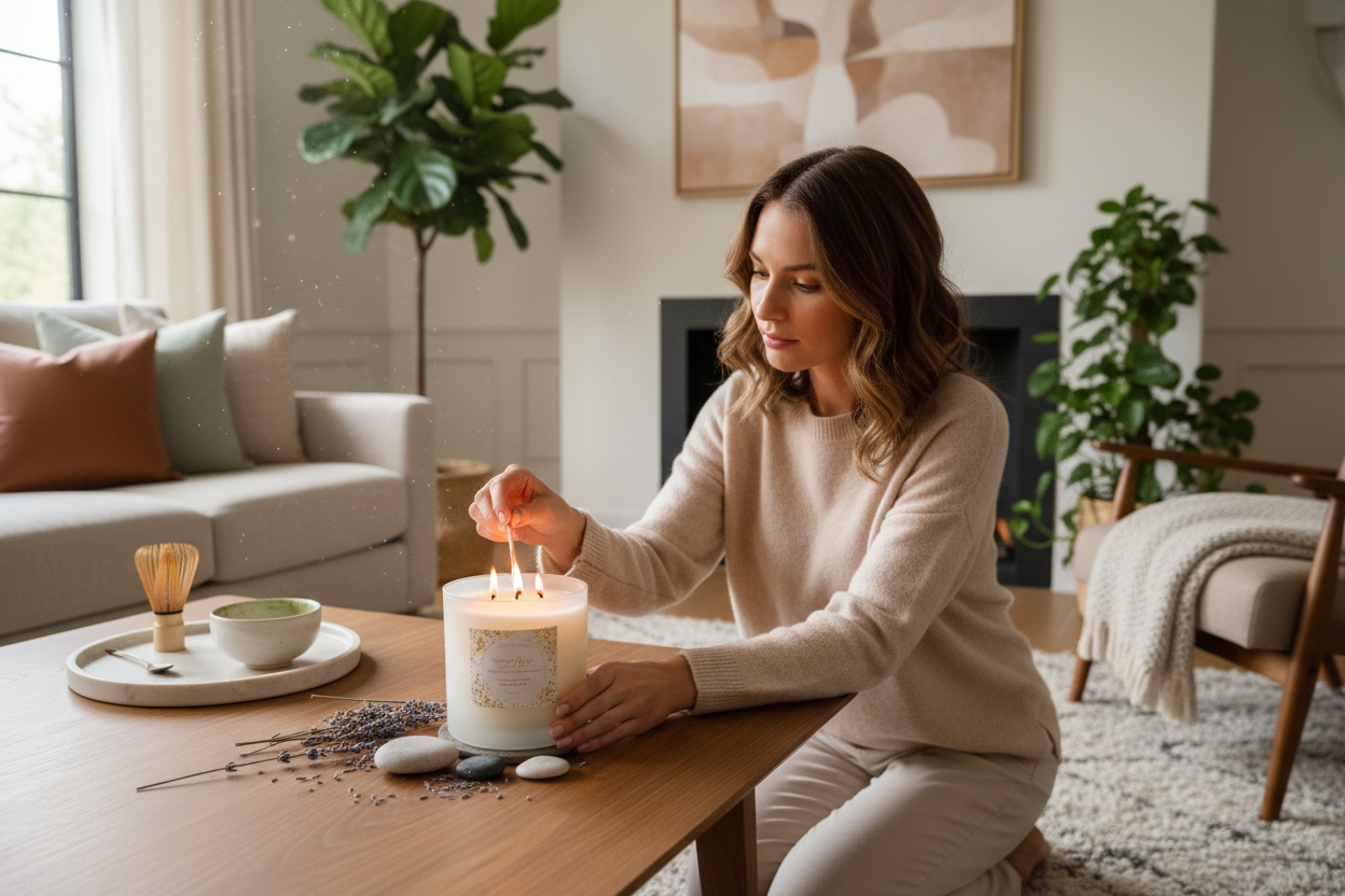 Lady lighting a scented candle in a living room setting